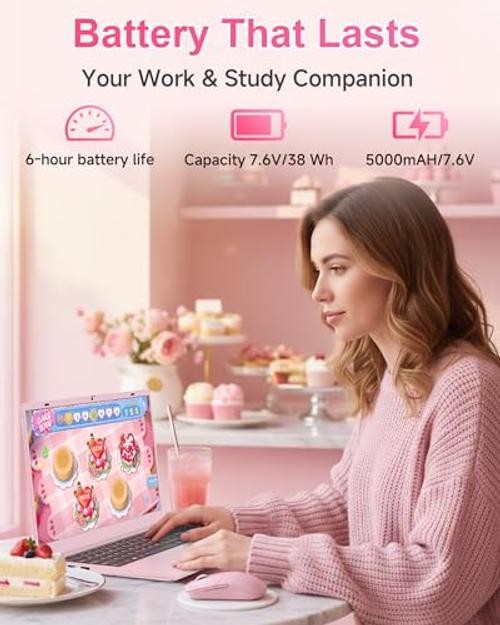 Pink Laptop Computer for Students, 15.6 Inch FHD IPS Display, 12GB RAM 256GB