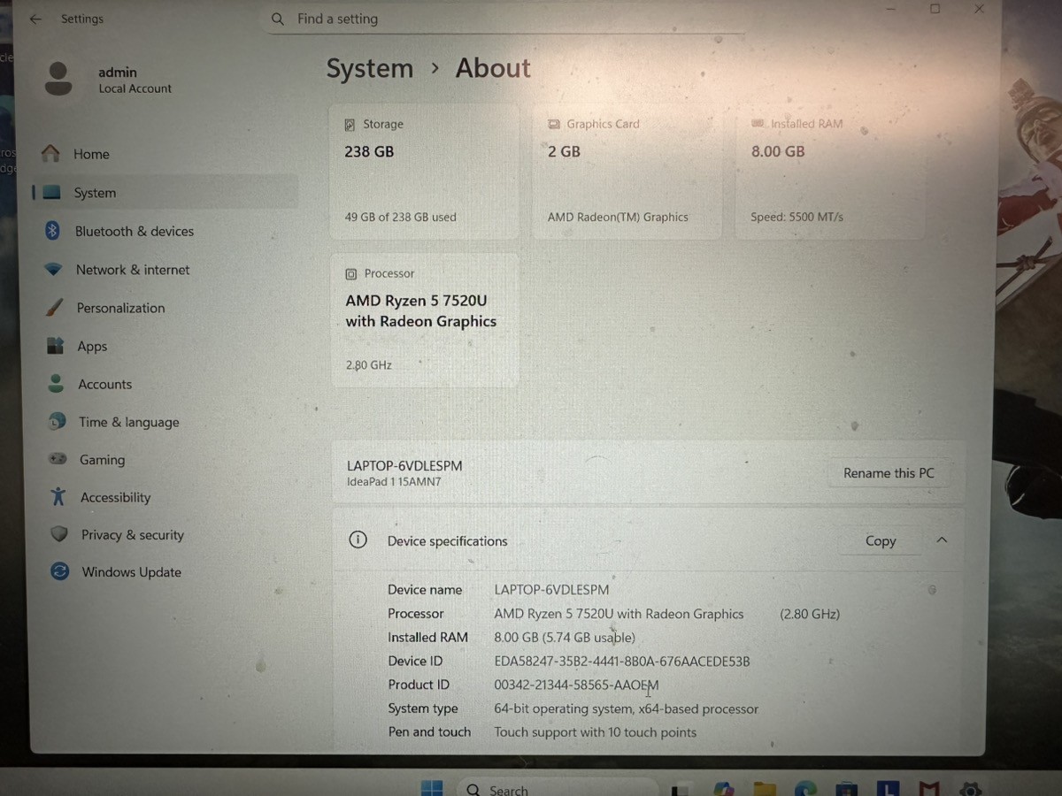 LENOVO IDEAPAD 1 15IAU7 15″ RYZEN 5-7520U 8GB 256GB WIN 11 (mee) (PSH043678)