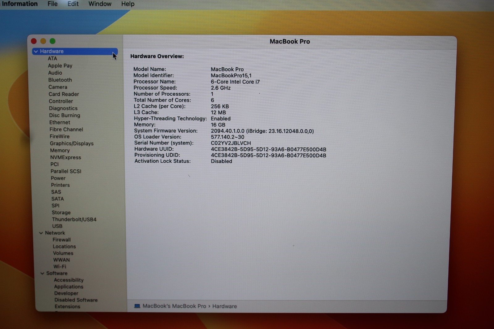 15.6″ 2019 Apple MacBook Pro A1990, i7-9750H@2.6GHz, 256GB/16GB, macOS, Keyboard