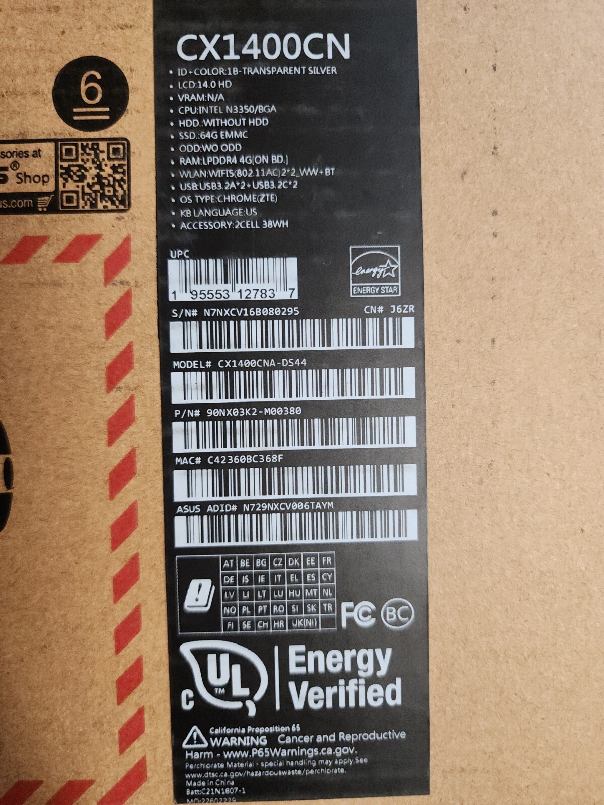 Asus Chromebook CX1 14″ Celeron N3350 4GB 64GB eMMC Chrome OS CX1400CNA-DS44