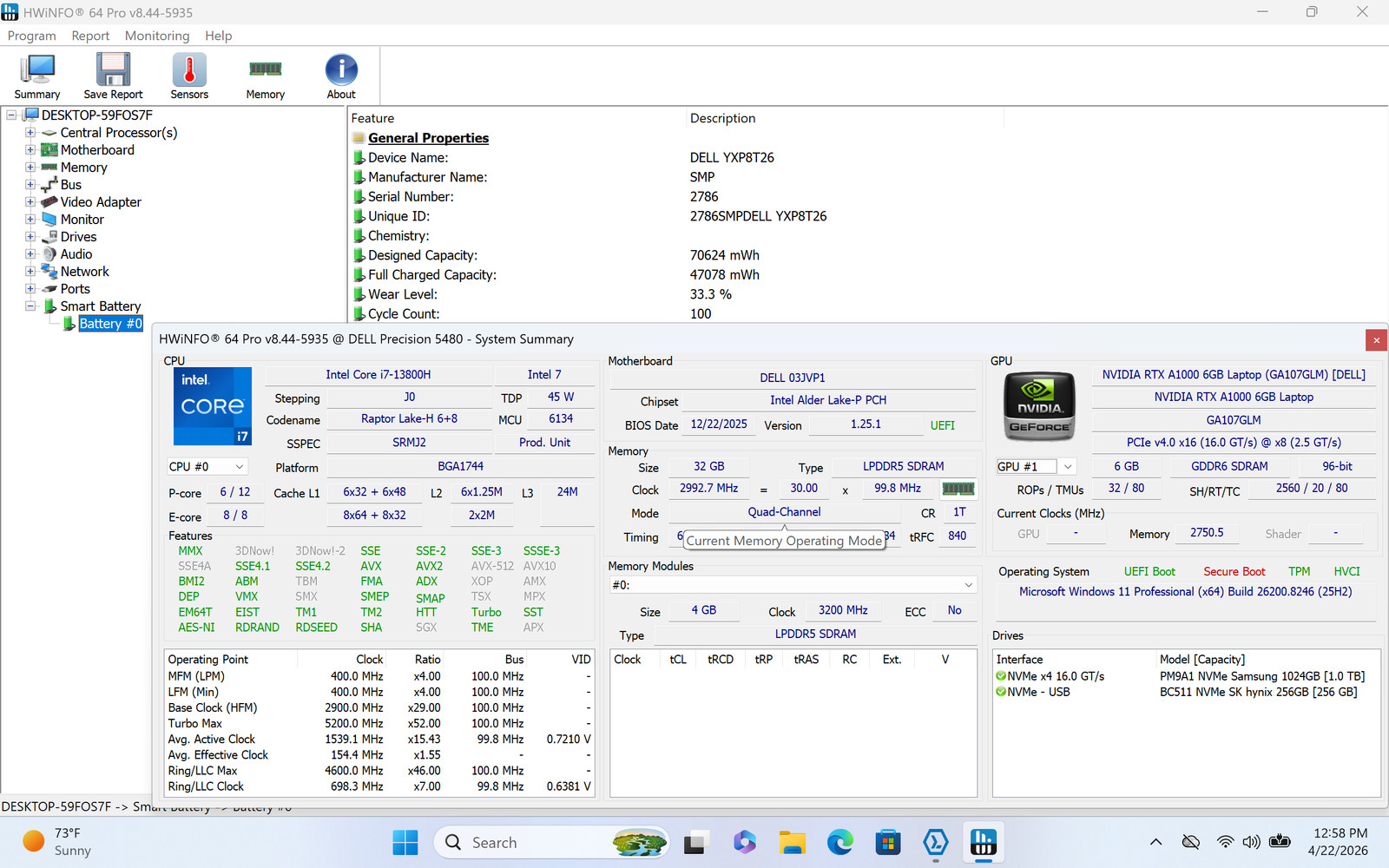 Dell Precision 5480 14″ Touch I7-13800H 1TB 32GB W11P RTX A1000 Warranty *READ*