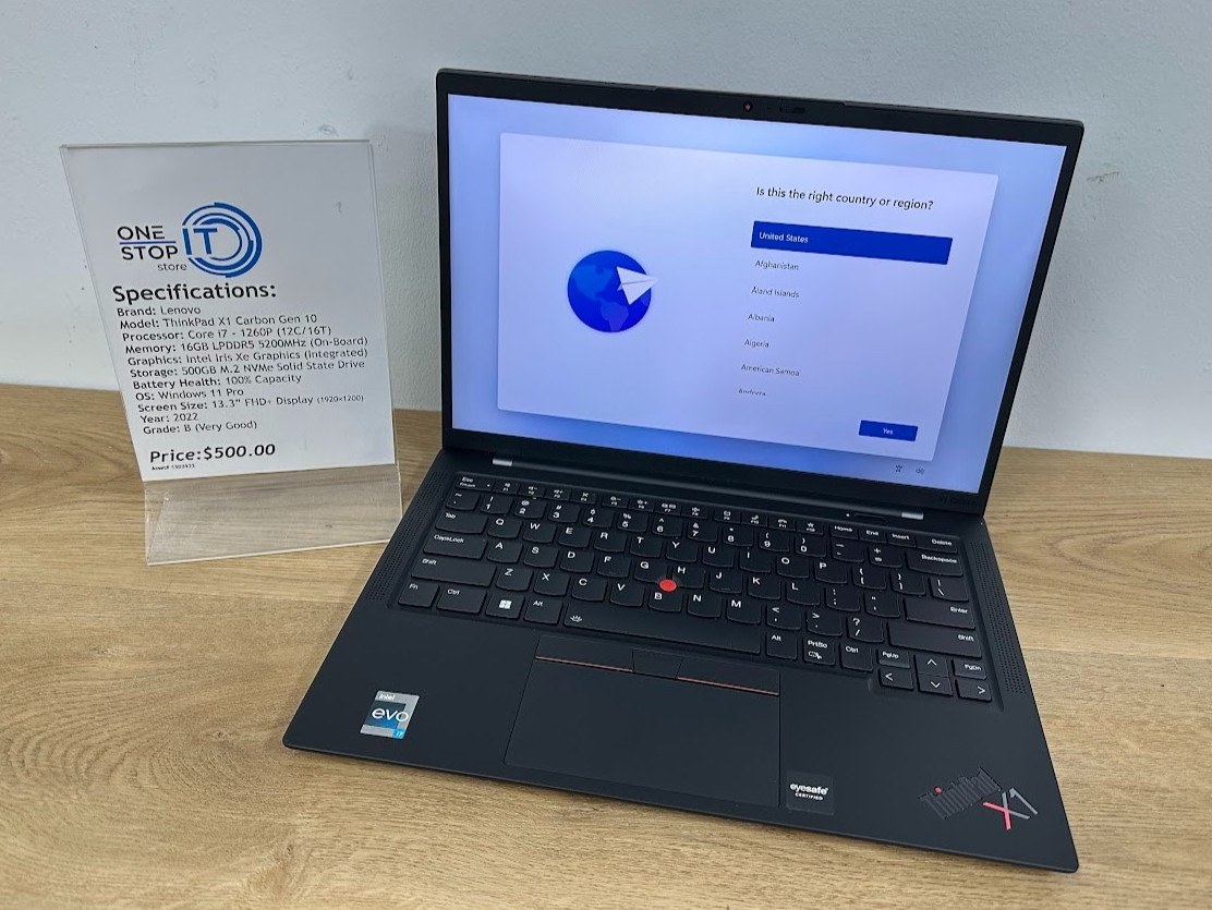 Lenovo ThinkPad X1 Carbon Gen 10, Core i7 1270P, 16GB LPDDR5 Iris Xe, 500 GB SSD