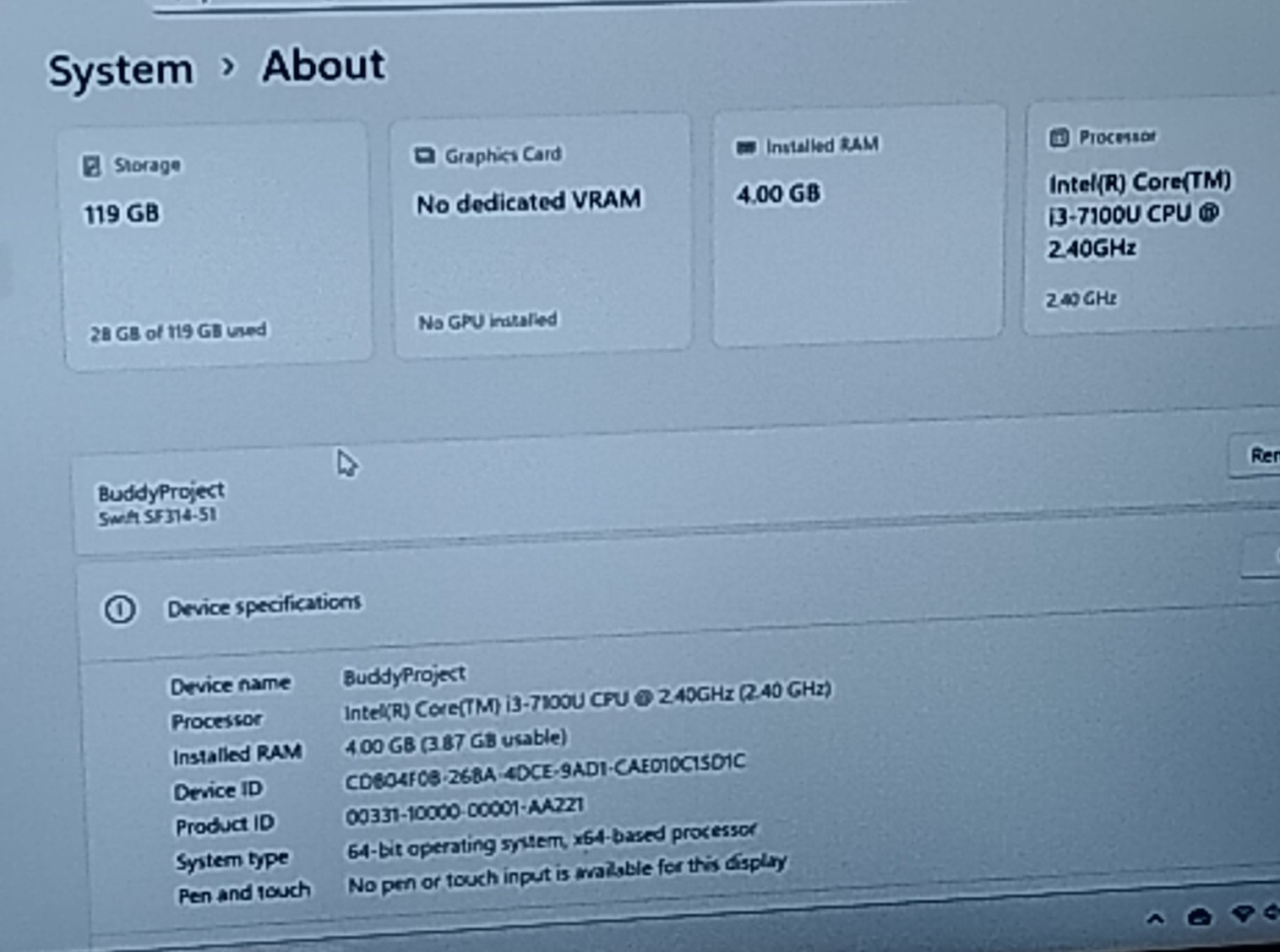 Acer Swift SF314-51 I3 7100U CPU @ 2.40 GHz