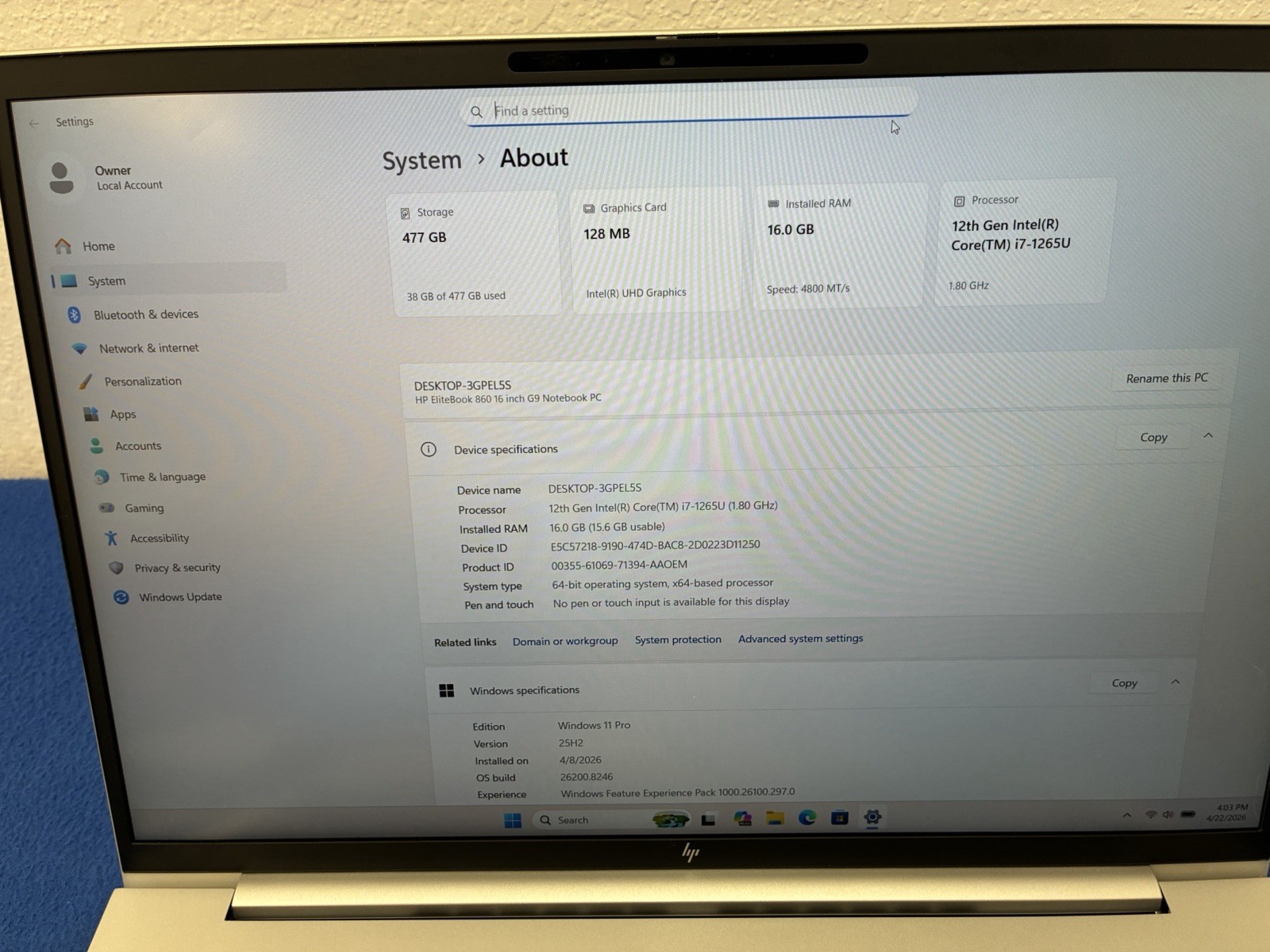 HP EliteBook 860 G9 16″ 12th Gen Intel i7, 16GB RAM, 512GB SSD, Win 11 Pro