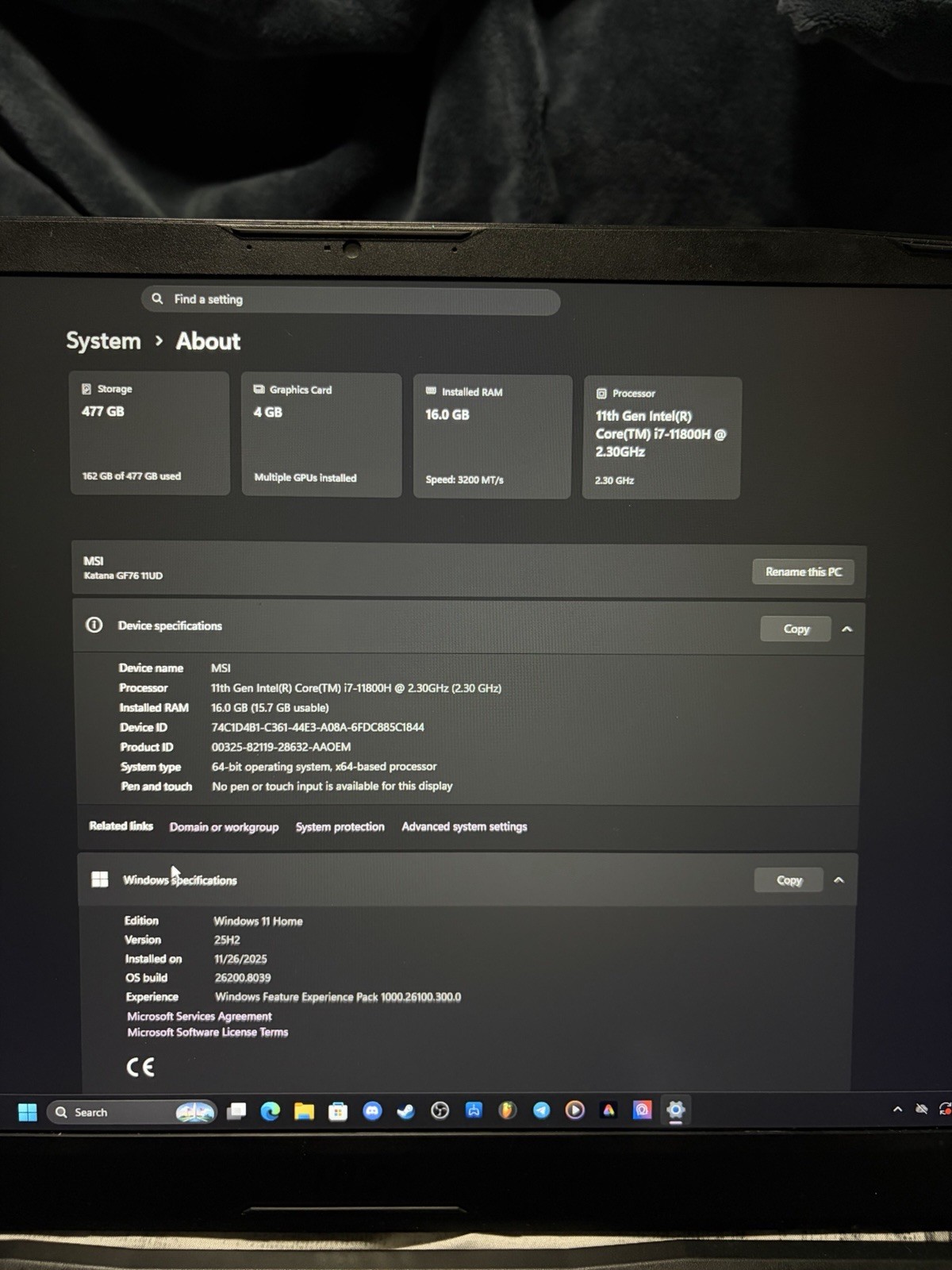 Gaming Laptop MSI Katana GF76 11UD 17.3″ i7-11800H 16GB 477GB SSD Win11 Backlit