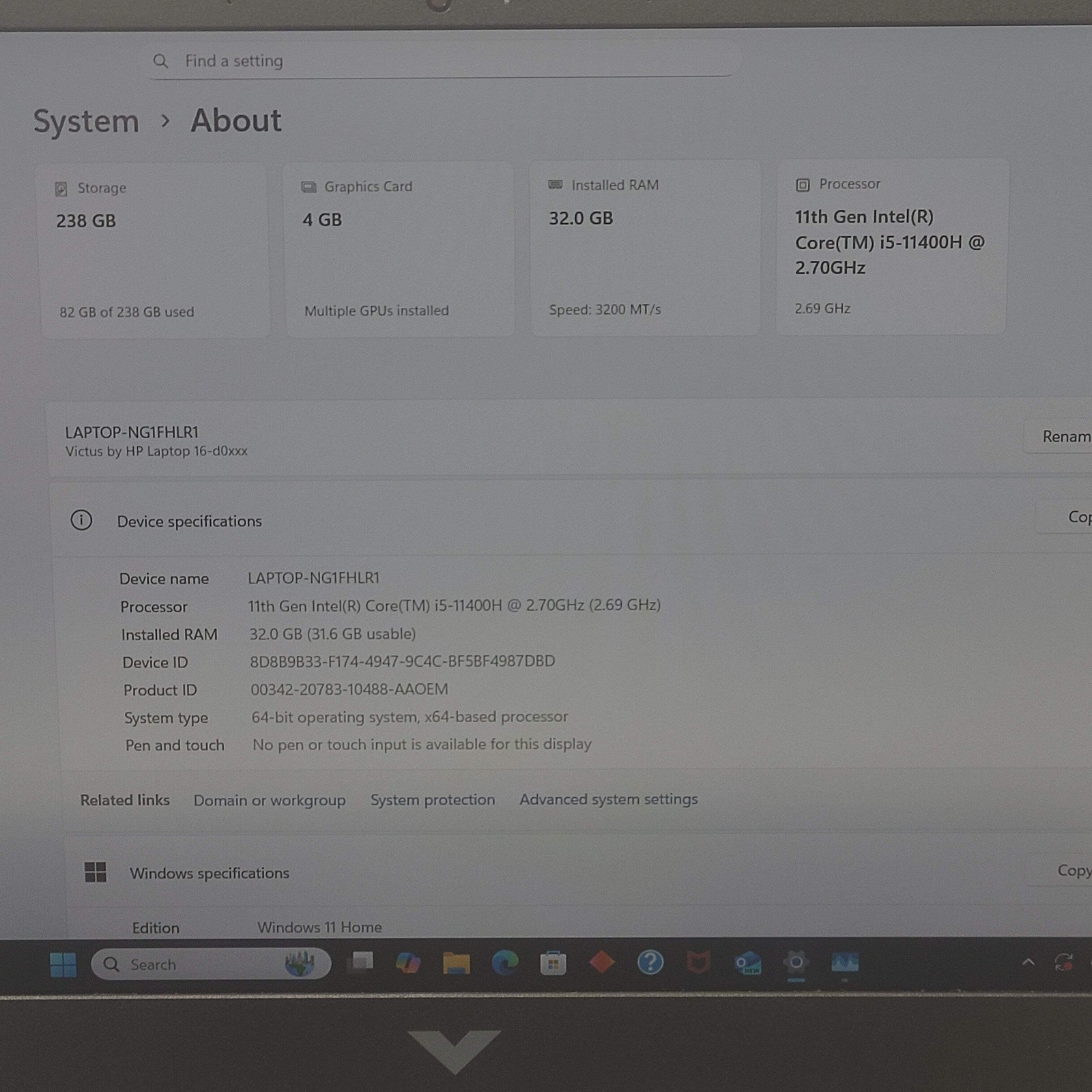 HP Victus NG1FHLR1 16.1 i5-11400H 2.7GHz 32GB RAM 256GB SSD GeForce RTX 3050 Ti