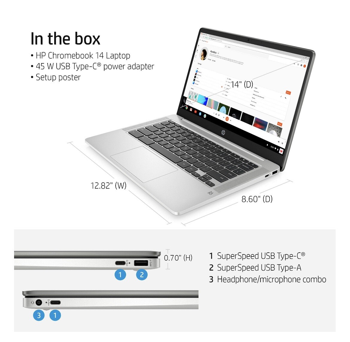 Hp 14” Chromebook, Intel Pentium N5000, 4GB RAM, 64 GB eMMC, Silver, 14a