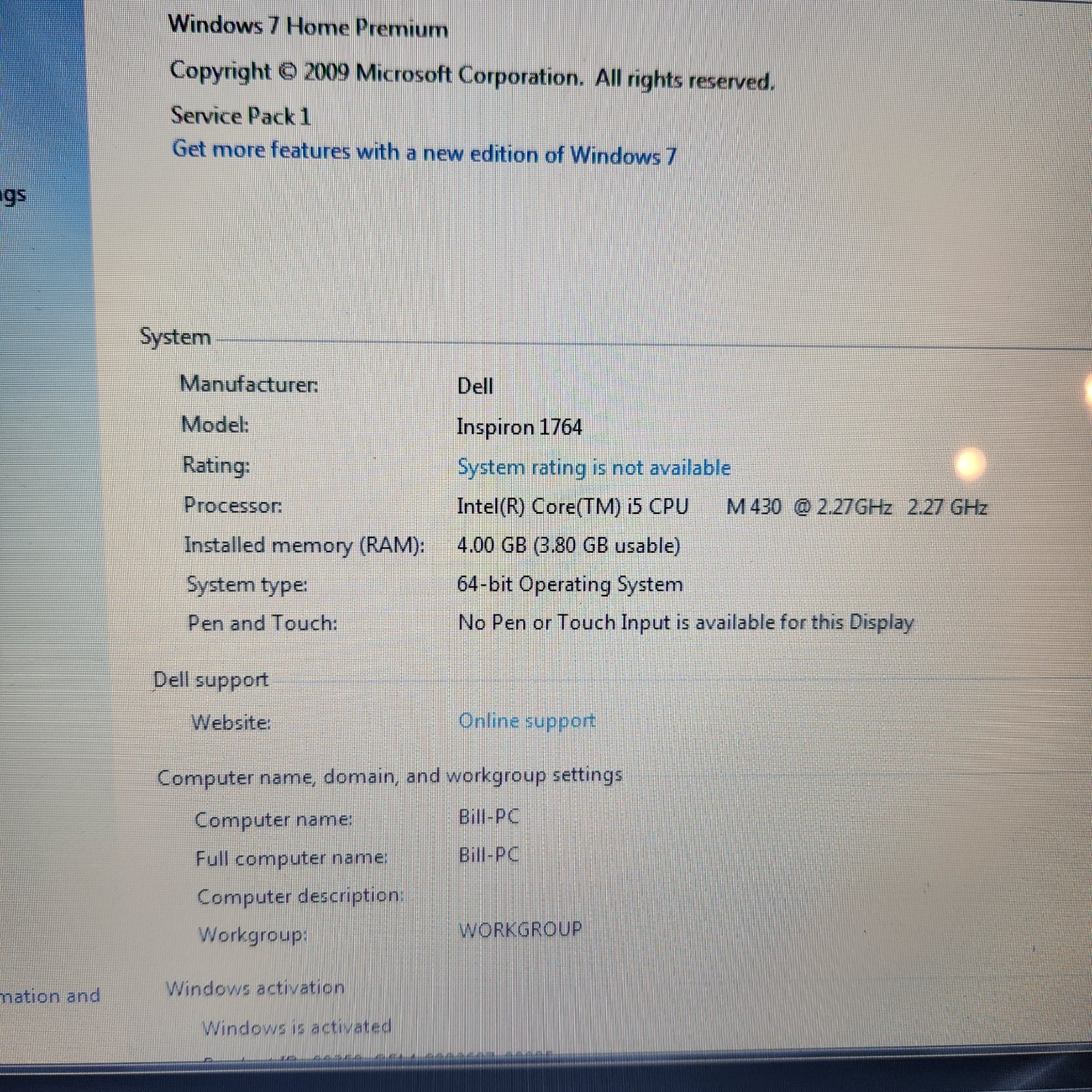 Dell Inspiron 1764 Core i5 2.27ghz Windows 7 Home Pro Web 17.3″