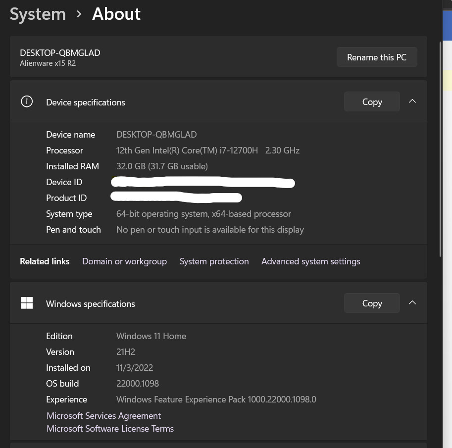 Alienware X15 R2 2022 – 240Hz RTX3080Ti – i7 12700H – 32GB – 1TB Memory