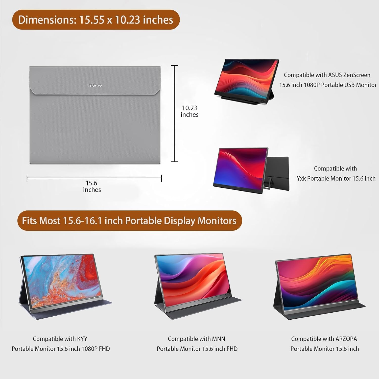 Gray PU Leather Sleeve Case for 15.6-16.1 inch Portable Monitor with Front Pocke