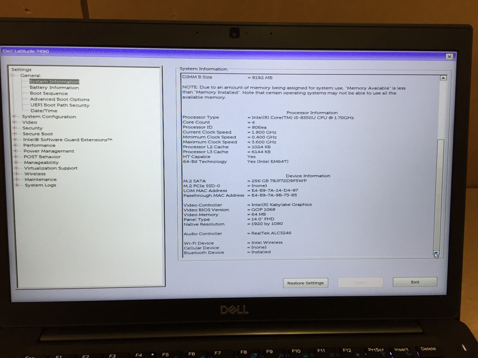 Dell Latitude 7490 14″ FHD Laptop i5-8350U 8GB RAM 256GB SSD w/AC