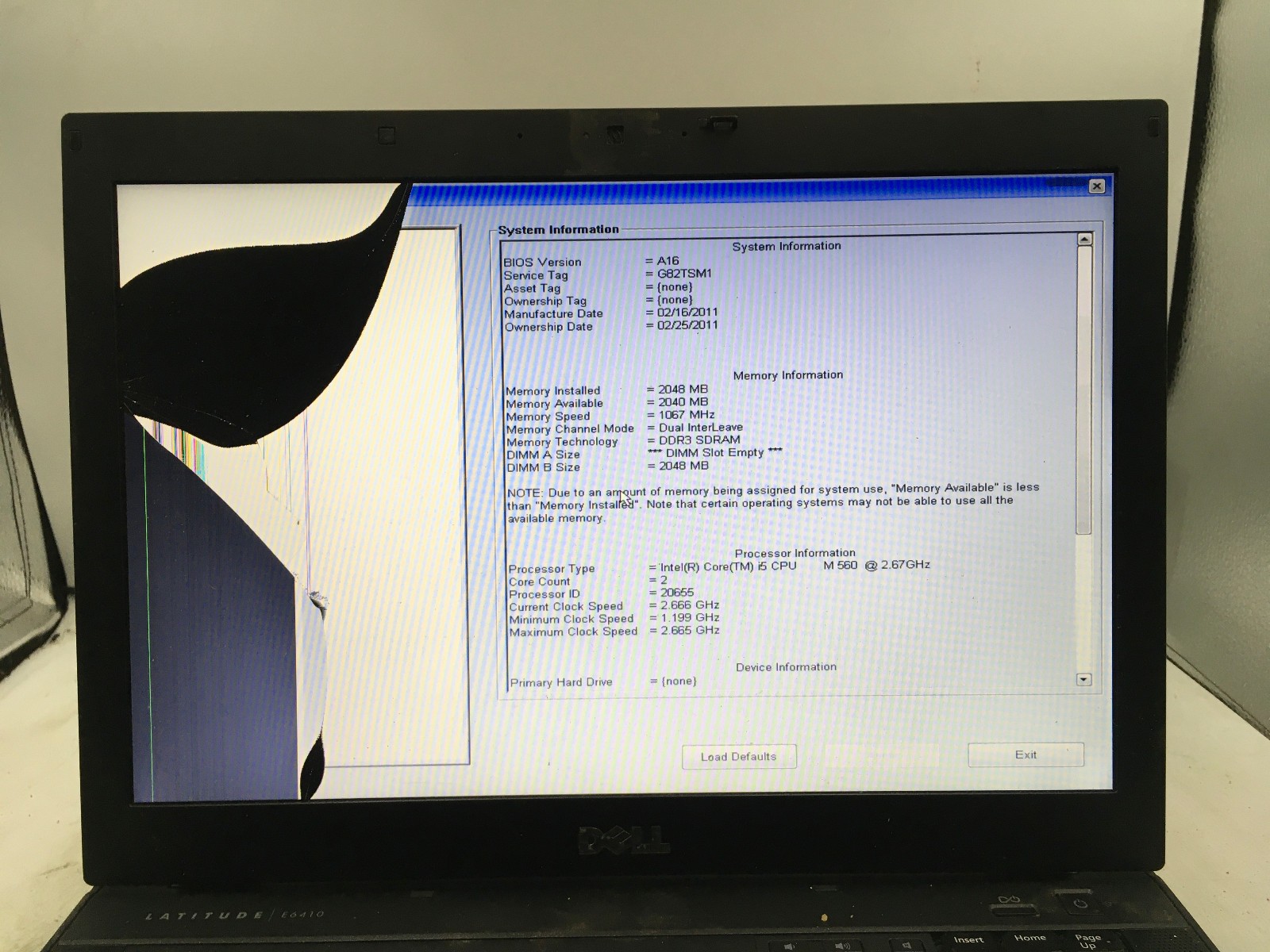 DELL LATITUDE E6410 – BOOTS TO BIOS/BAD LCD – INTEL I5 M560 – NO RAM – 14″ – BB