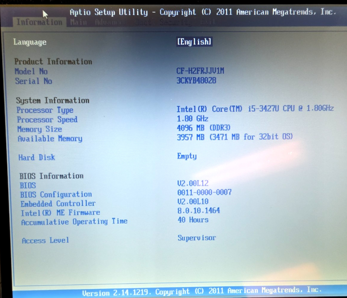 Panasonic CF-H2| Intel Core i5-3427U| 1.80GHz| 4GB RAM| No HDD| No OS| 40 Hours