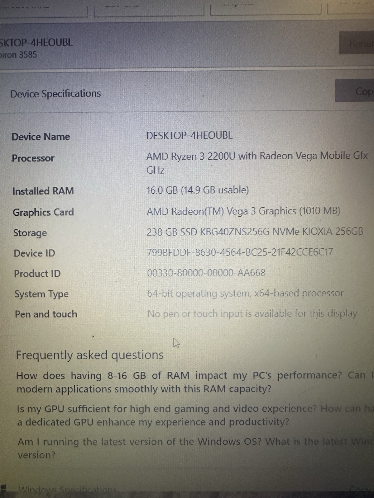 Dell Inspiron 3585 15.6″ Ryzen 3 2200U 16GB 256GB SSD Vega 3 Win Black
