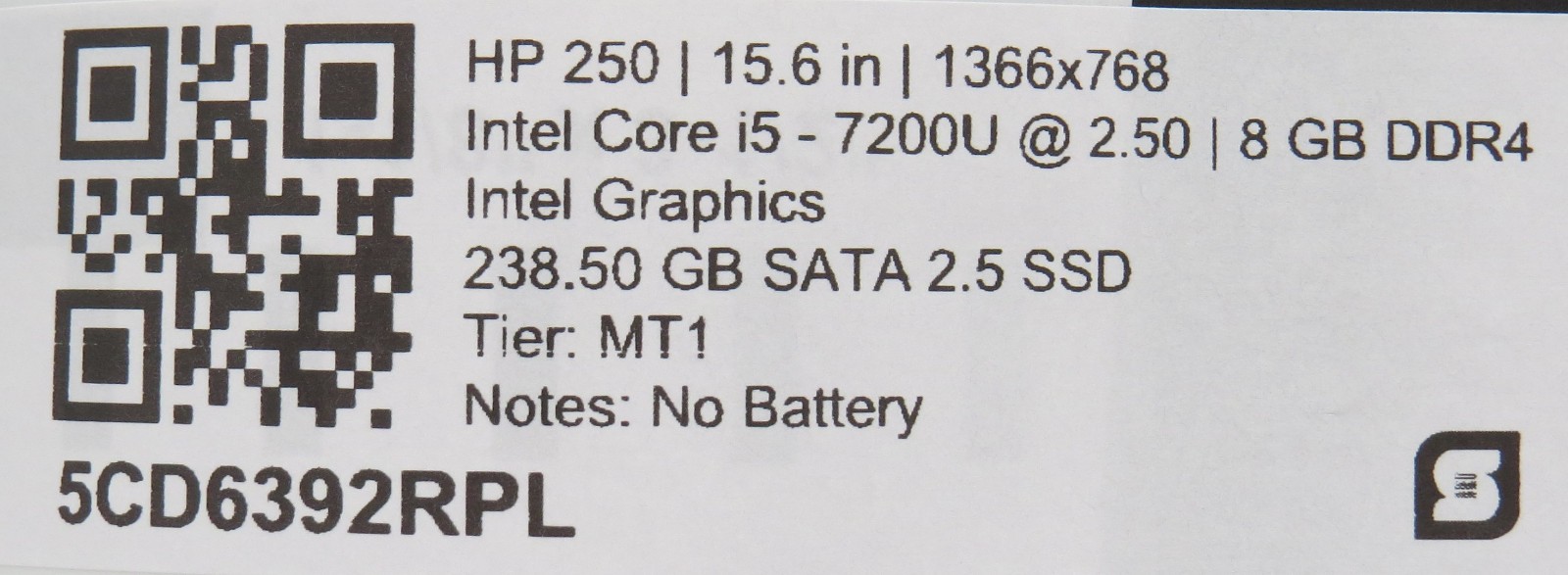 HP 250 i5-7200U @ 2.5Ghz 8GB DDR4 238GB 2.5″ SSD 15.6″ No Batt/OS/AC