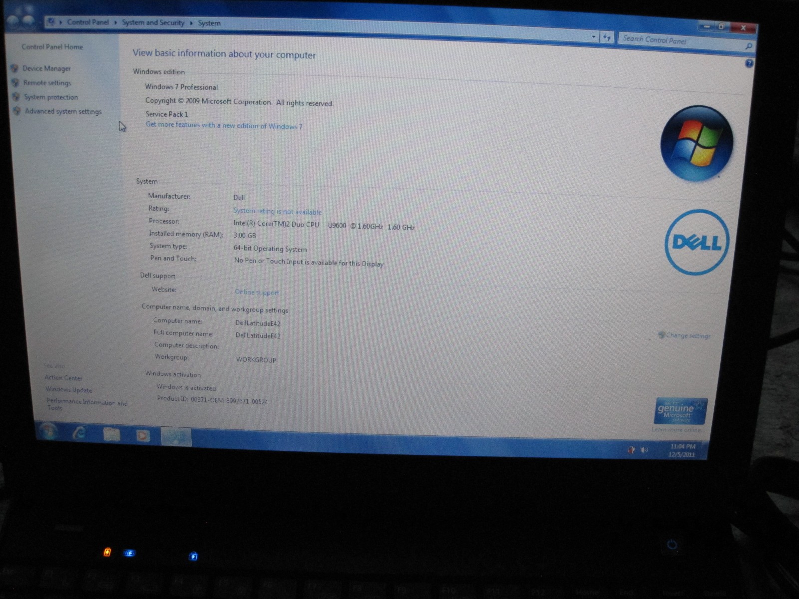 Dell Latitude E4200 Intel Core 2 DUO CPU U9600 @ 1.60GHZ / 2GB / 64GB Hard drive