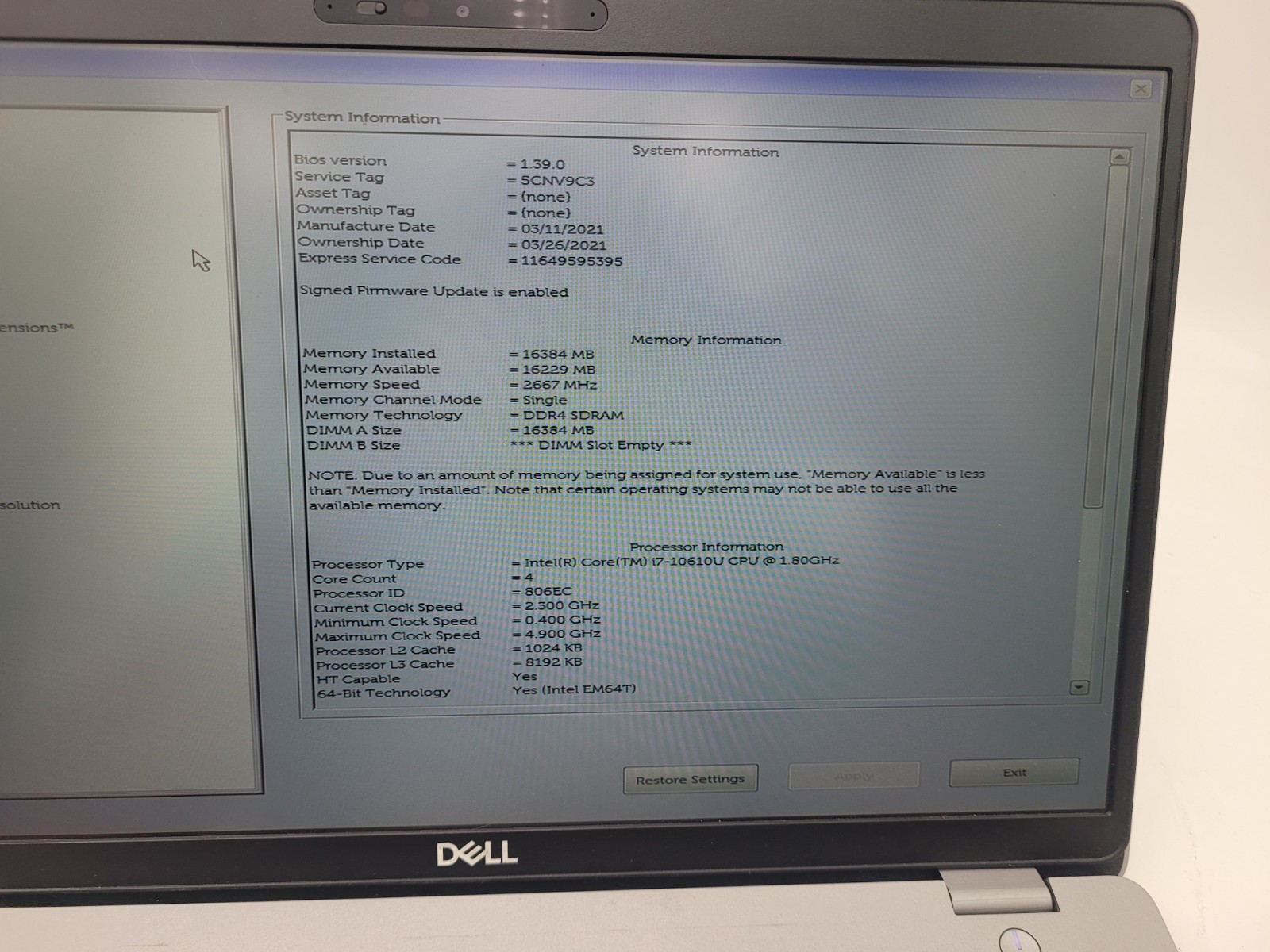Dell Latitude 5510,i7-10610U@1.80GHz,16GB Ram,512GB NVMe,NO OS