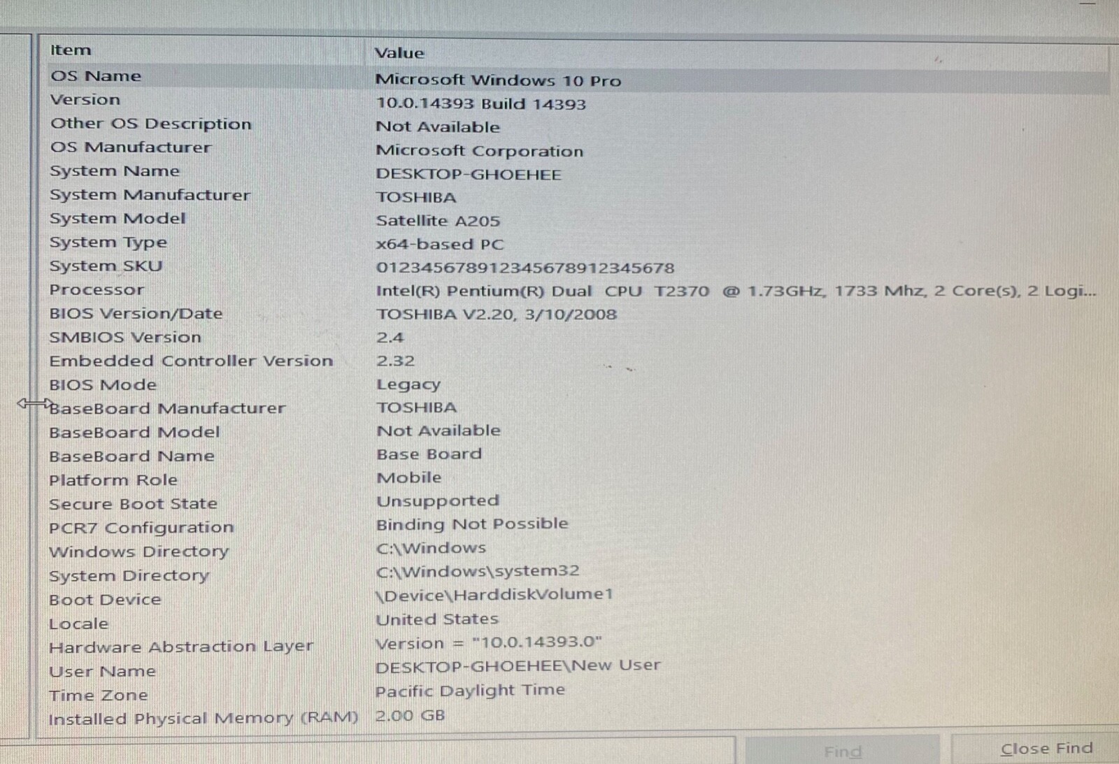 Toshiba Satellite A205 Laptop_Intel Pentium T2370 @ 1.73 GHz_2GB RAM_120GB HDD.