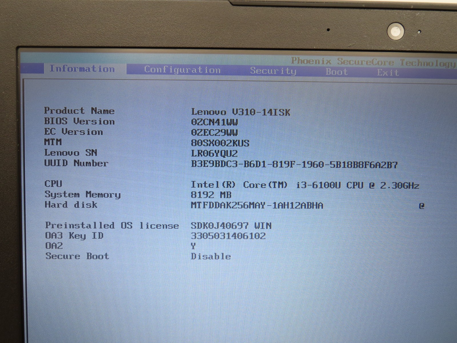 Lenovo V310 i3-6100U @ 2.3GHz 8GB DDR4 256GB 2.5 SATA SSD 14″ No OS