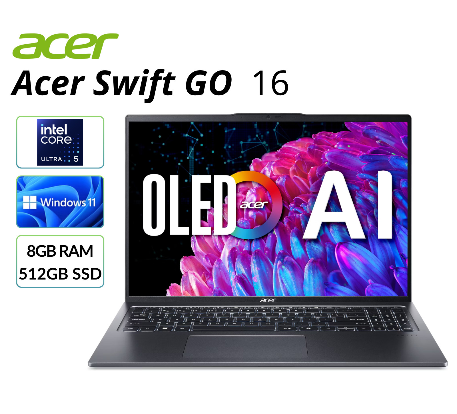 Acer Swift Go 16 Laptop 16″ OLED Intel Core Ultra 5 125H 8GB RAM 512GB SSD
