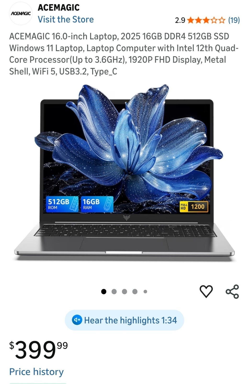 ACEMAGIC AX16 15.6 in (512GB SSD, Intel Alder Lake N95, 1.7GHz, 16GB RAM) Laptop