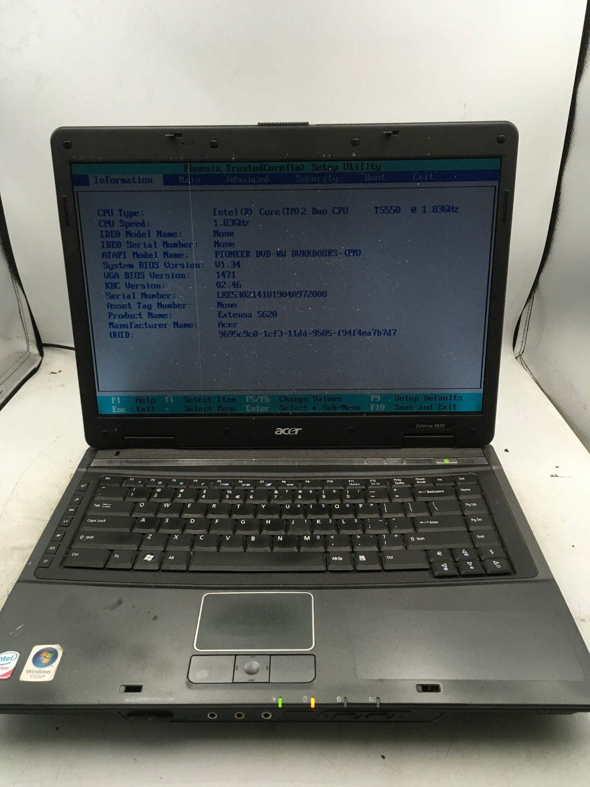 ACER EXTENSA 5620 – BOOTS TO BIOS – INTEL CORE 2 T5550 – NO RAM – READ DESC – BB