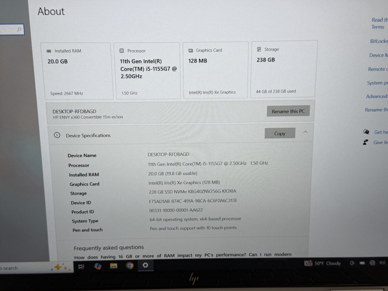 HP Envy x360 2-in-1 15.6” FHD TouchScreen Intel i5-1155G7 20GB RAM 256GB SSD