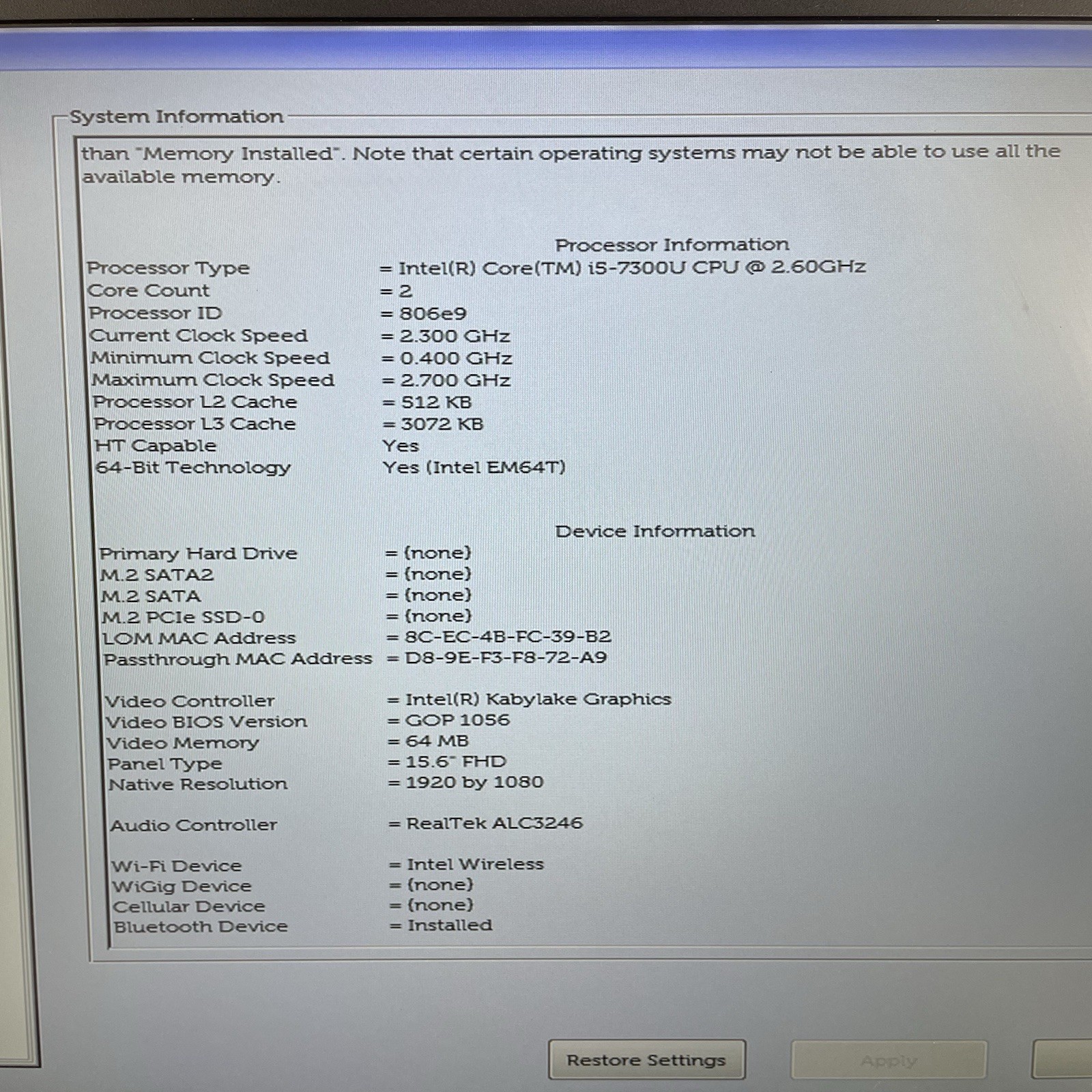 Dell Latitude 5580 15.6″ i5-7300U 2.6 GHz 8 GB RAM No SSD/OS/AC – Bad Back Edge