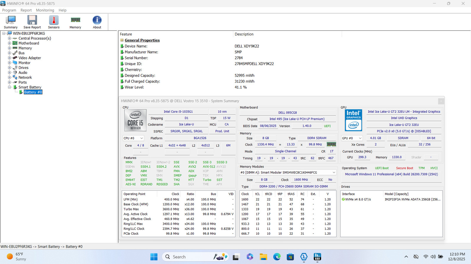 Dell Vostro 15 3510 15″ FHD I5-1035G1 256GB SSD 8GB W11P Webcam FP Reader