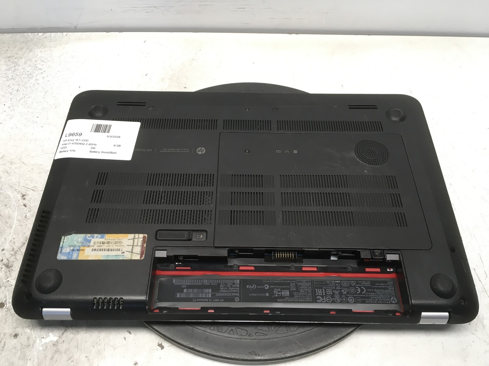 HP Envy 15T-J100 Intel i7-4700MQ 2.4GHz 8 GB NO HDD No Batt