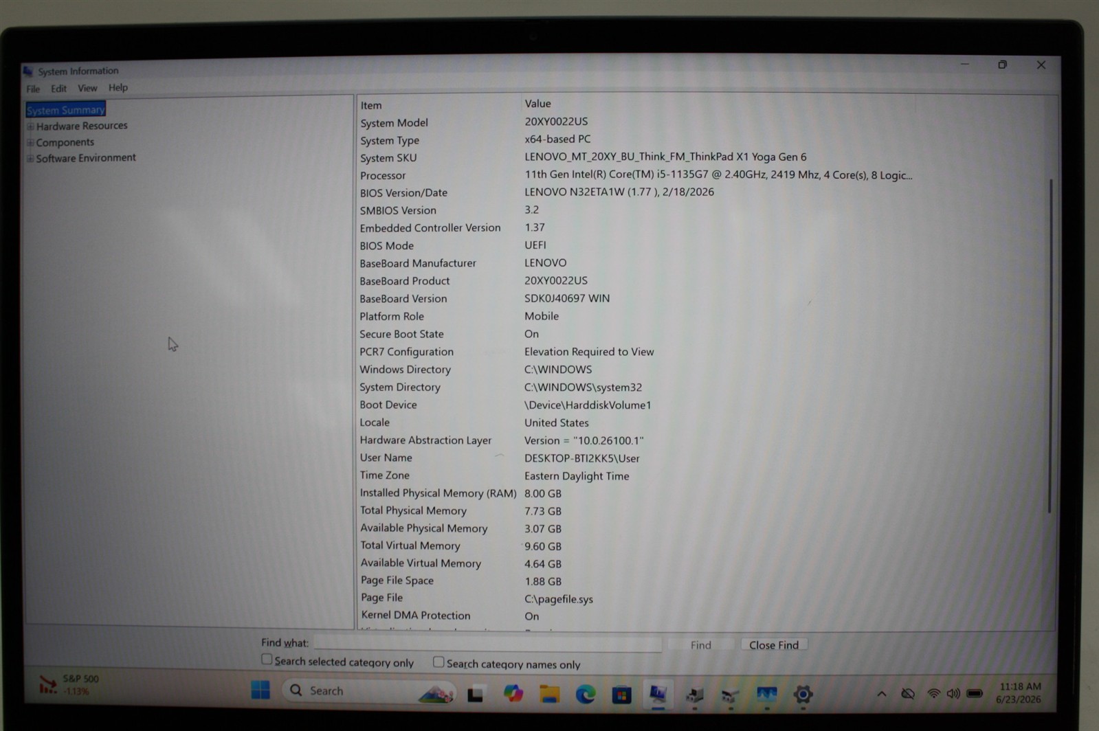 14″Lenovo ThinkPad X1 Gen 6 i5-1135G7 2.40GHz RAM 8GB NVMe 256GB/Screen issue