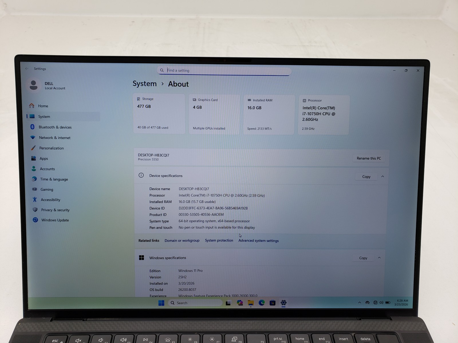 Dell Precision 5550 Laptop i7-10th 16GB Ram 512GB SSD Quadroo T1000 GPU 4GB