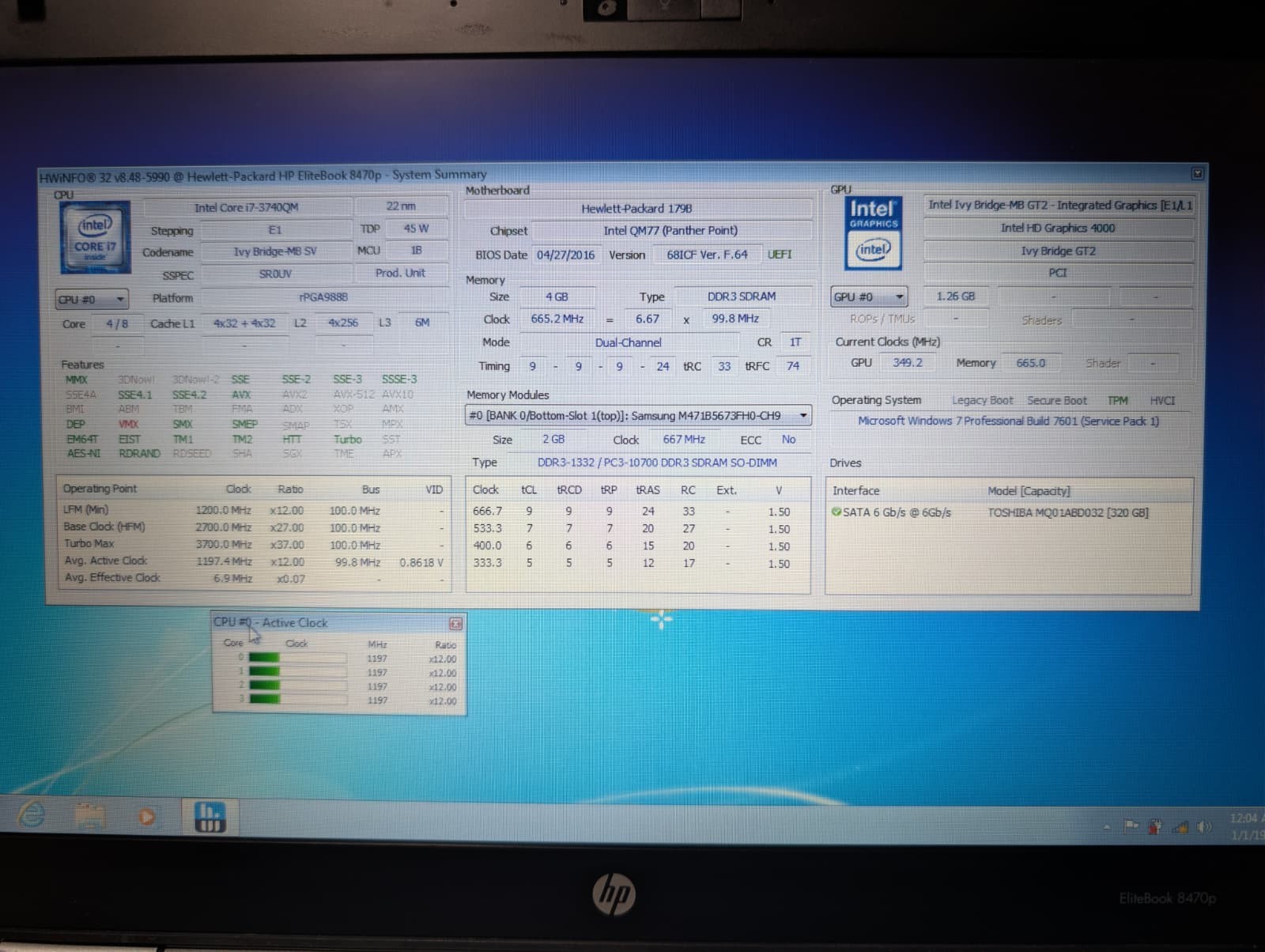 HP EliteBook 8470P | i7 3rd Gen 4GB RAM 320GB HDD | HD Windows 7 Pro 32-Bit