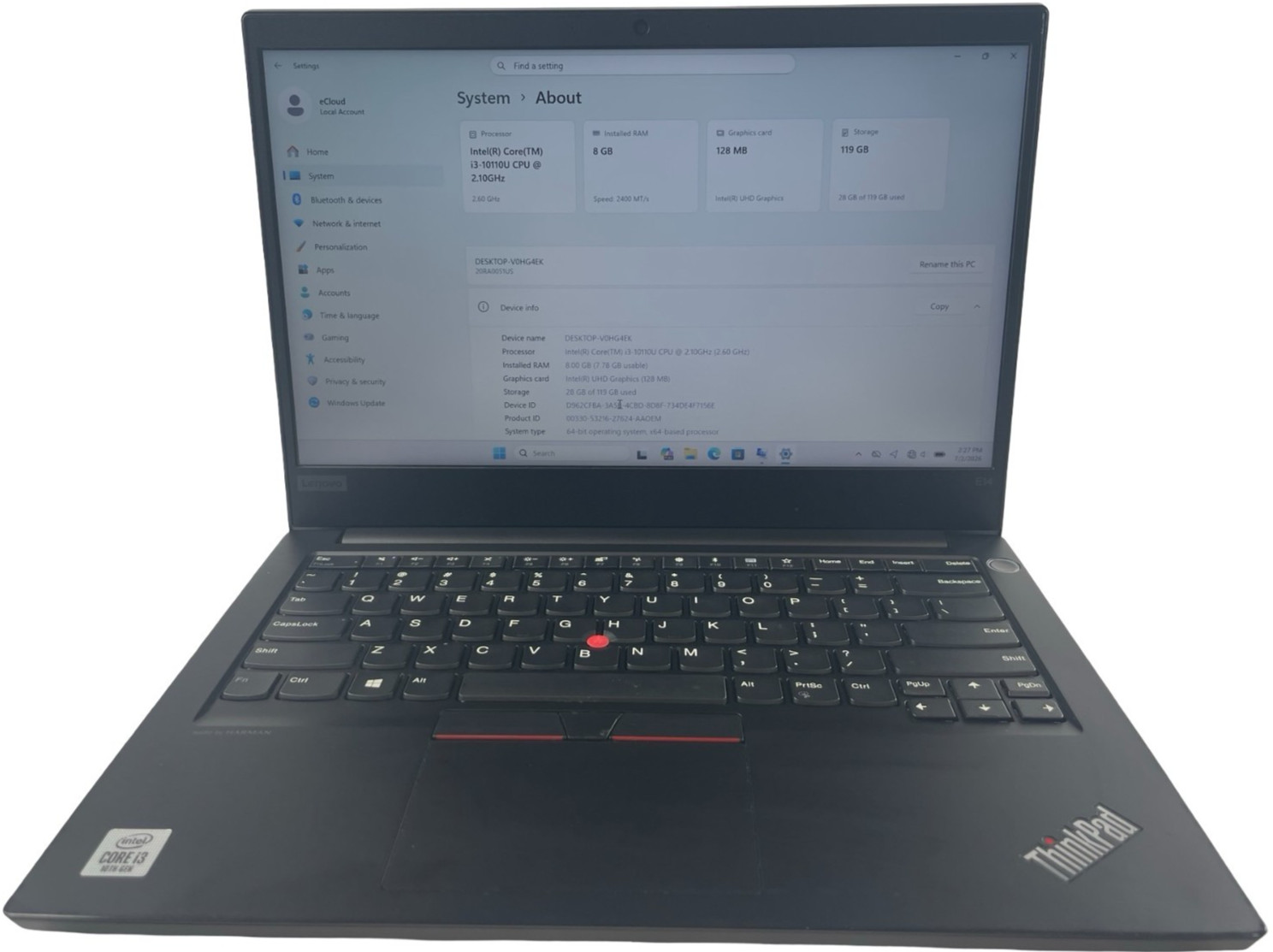 Lenovo ThinkPad E14 14-in Intel i3-10110U 8GB RAM 128GB SSD Win.11 P Ext. bttry