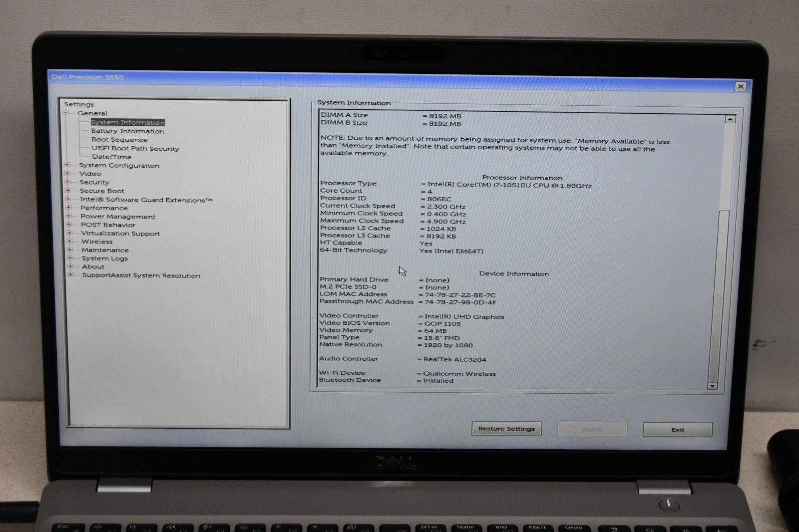 ^ Dell Precision 3550 15.6″ Intel i7-10510U @ 1.80GHz 16GB Ram No HD #X7001