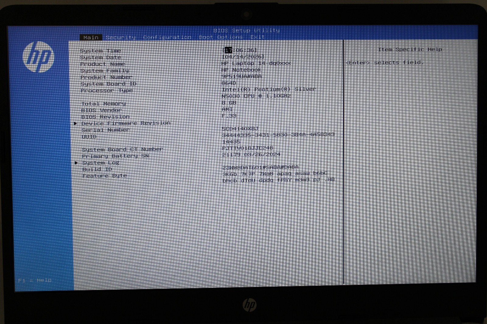HP 14-dq0703dx _ Pentium Silver N5030 @1.1 _ 8GB RAM _ 256GB SSD _ No OS