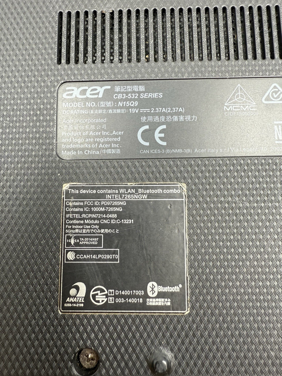 Acer Chromebook N15Q9 CB3-532-C47C 15.6”(1.60 GHz, 2GB)? UNTESTED NO CHARGER