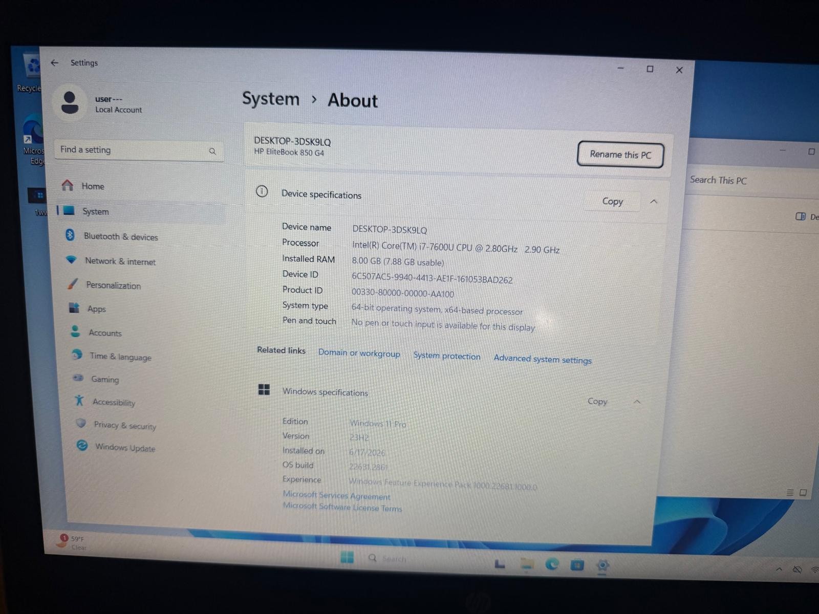 HP EliteBook 850 G4 Core i7-7600U 2.90GHz 8GB RAM 128GB WINDOWS 11 PRO, WEBCAM