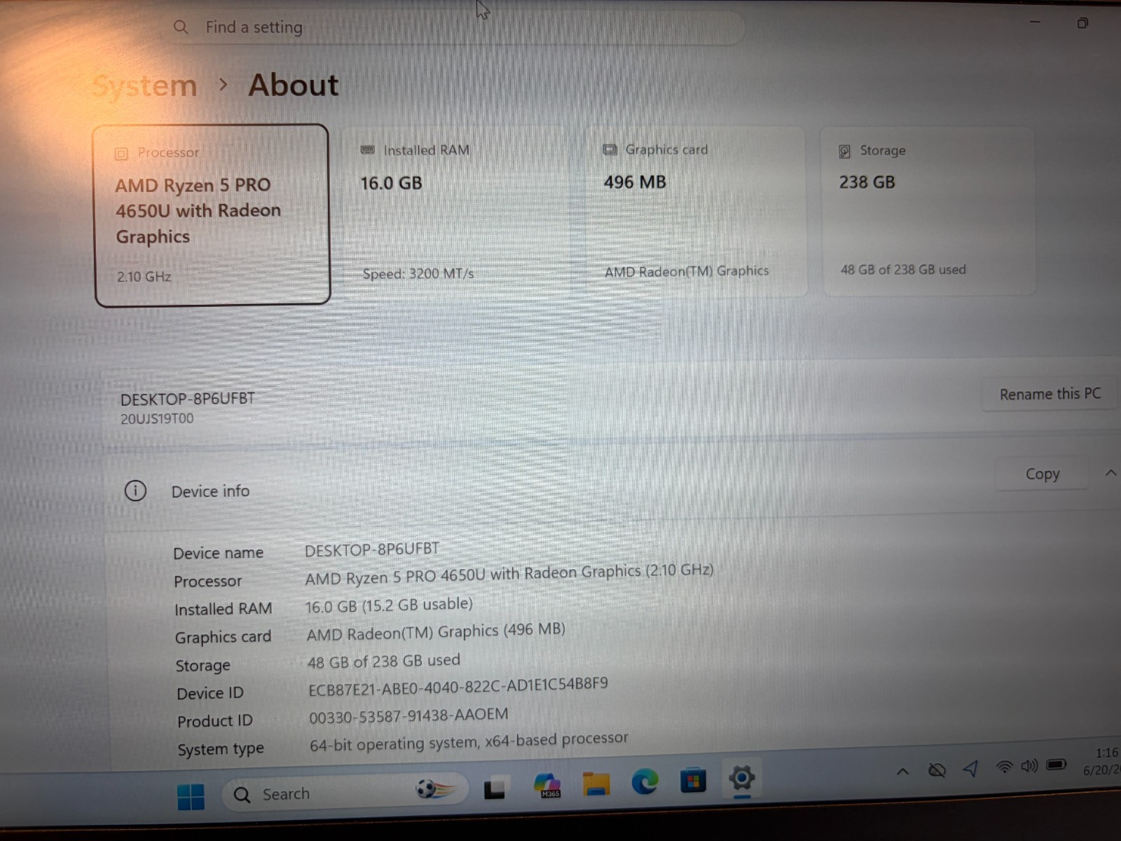 Lenovo ThinkPad T14s Gen 1 – AMD Ryzen 5 PRO 4650U, 16GB, 256GB NVMe, W11P