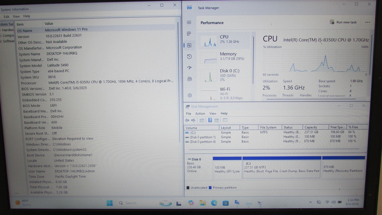 Dell Latitude 5490 i5-8350U 1.7GHz 8GB RAM 256GB m.2 14″ Windows 11 Pro COSM DMG
