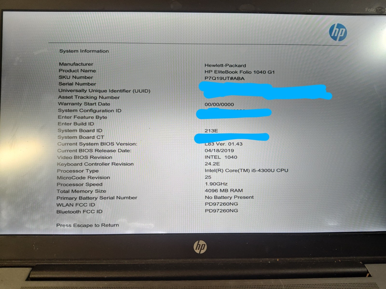 HP Elitebook Folio 1040 G1 Intel i5-4300U 4GB RAM NO SSD/BATTERY/BOTTOM COVER