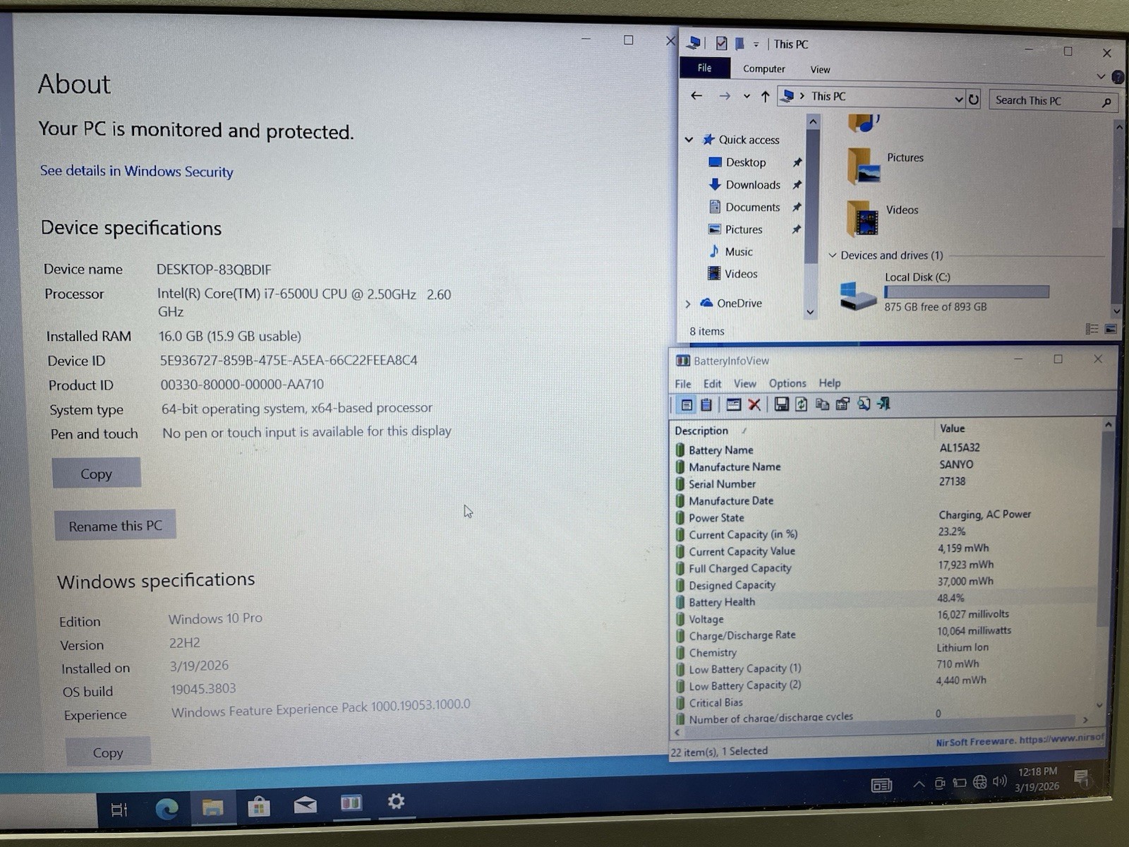 Acer Aspire E5-574G, Intel Core i7-6500U @2.50GHz, 16GB RAM, 960GB SSD, W10
