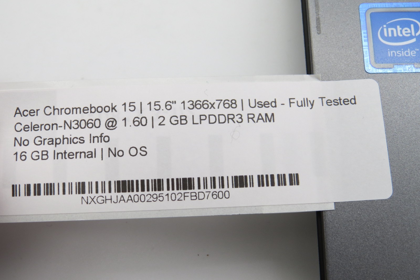 Acer Chromebook 15-15.6″- Celeron-N3060@1.6GHz-2GB RAM-16GB internal-NO OS- READ