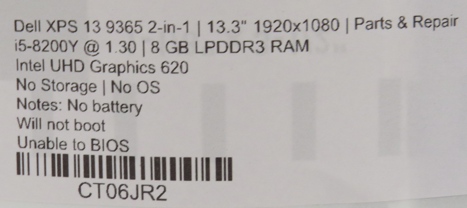Dell XPS 13 9365 | i5-8200Y@1.3GHz | 8GB RAM | 13.3″ | No HDD/OS/AC/Batt | Parts