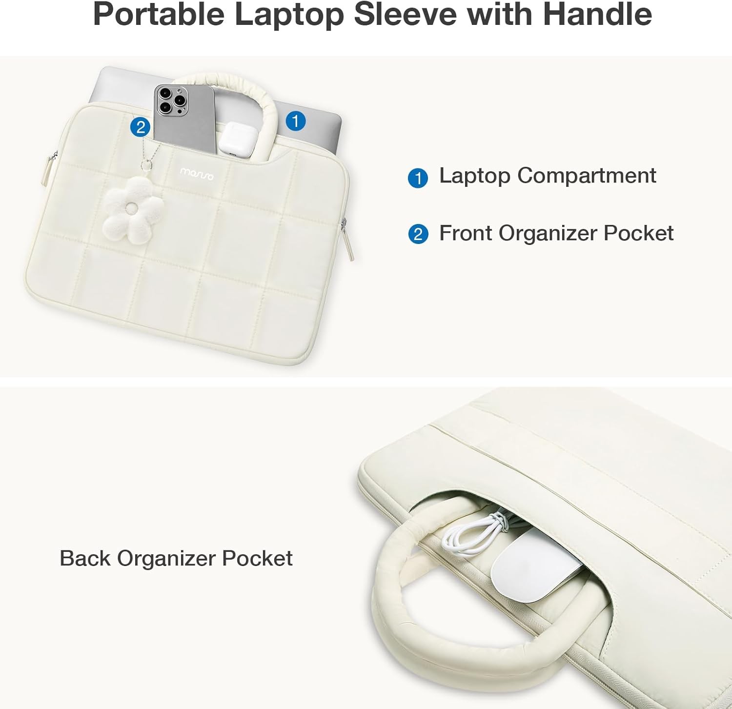 Puffy Laptop Sleeve 13-13.3 inch with Handle & Flower Pendant, Sand Color