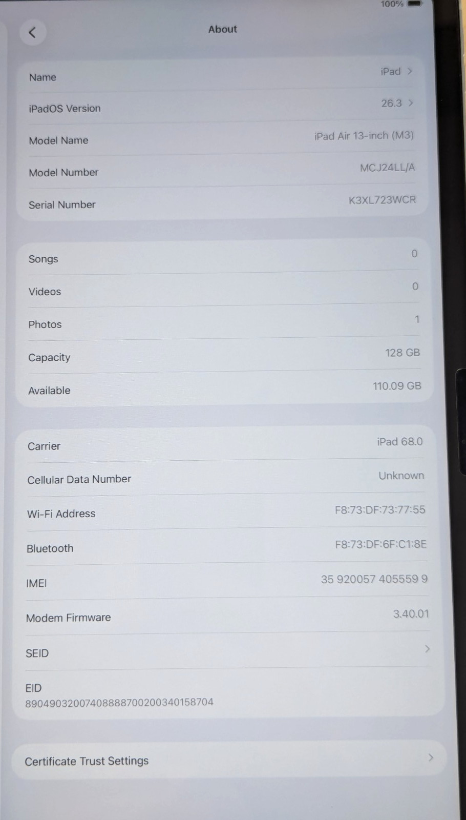 Apple iPad Air 13″ M3 128GB (Blue) MCJ24LL/A Wi-Fi ONLY!