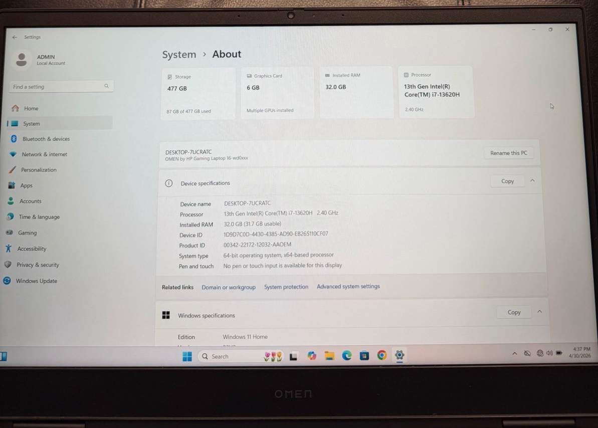 HP OMEN 16 Intel Core i7 13th Gen 32GB 512 GB SSD NVIDIA RTX 16″ Windows 11