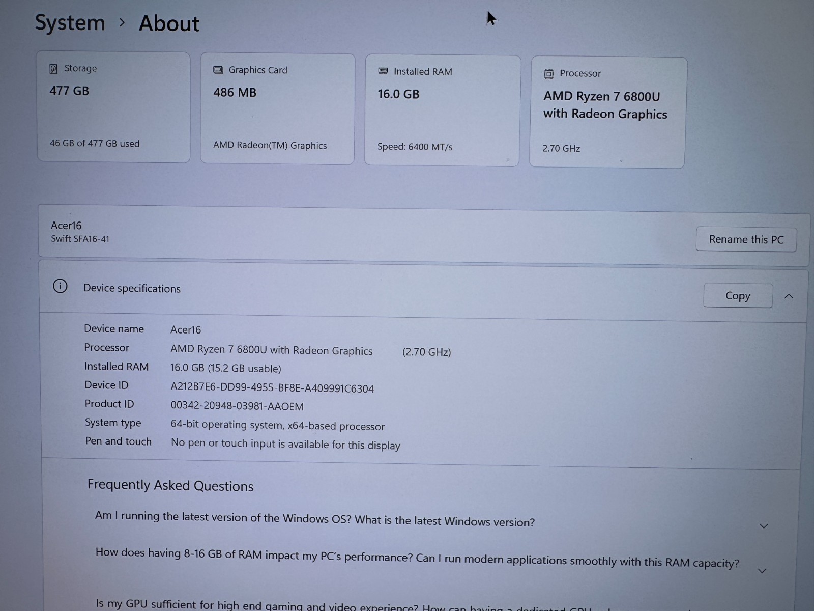 ACER SWIFT EDGE 16″ OLED UHD SFA16-41 AMD RYZEN 7 6800U 512GB 16GB *BIOS LOCK*