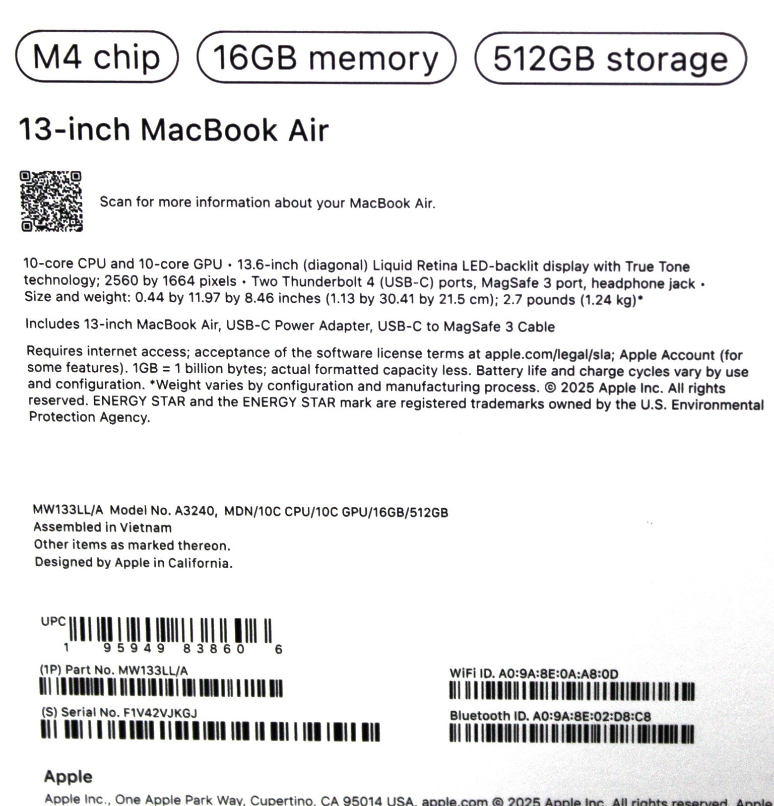 Apple | MW133LL/A | A3240 MacBook Air | 16Gb Memory | 512Gb Storage – Open Box