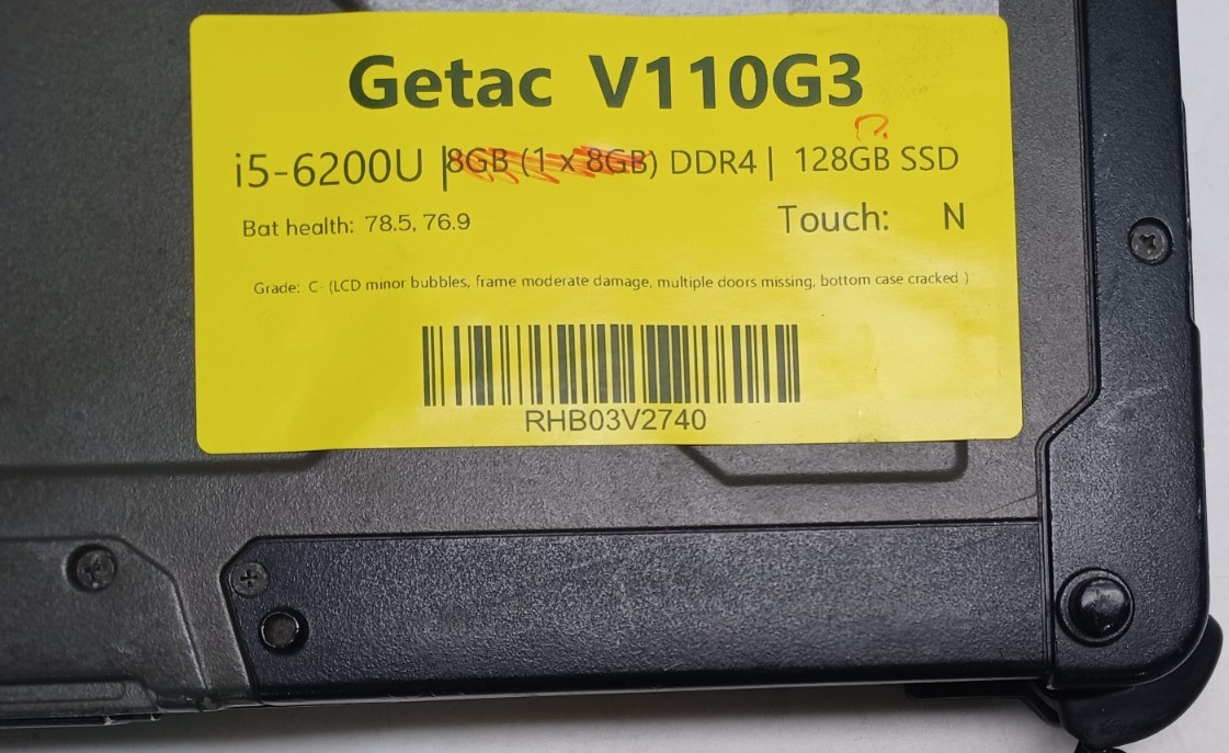 Getac V110 G3 11.6″ Touch Screen Laptop i5-6200U 2.3GHz No Ram No storage